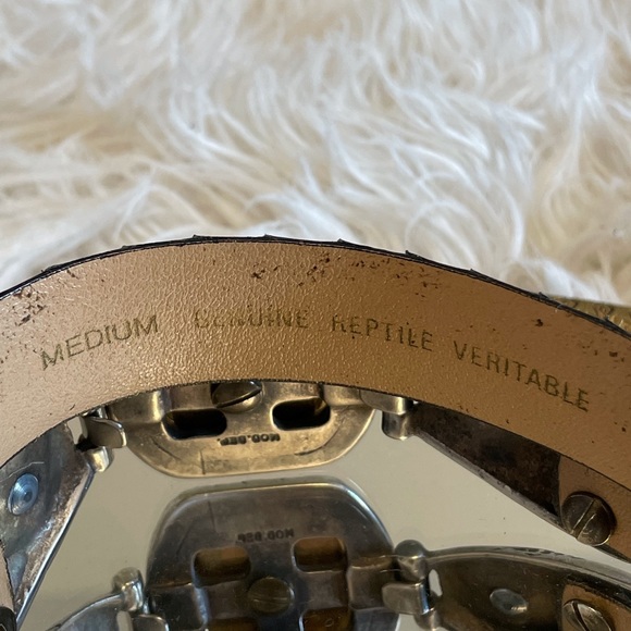 Vintage black reptile leather western belt, brass/ silver buckle, Sz M 🇨🇦 - Picture 7 of 9